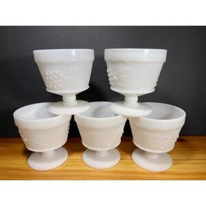 VINTAGE 50's Anchor Hocking White Grape Pattern Milk Glass Sherbet Dishes Set 5
